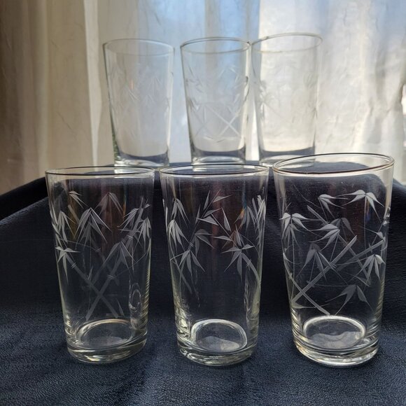 Set Of 6 Vintage Etched Sasaki Bamboo Pattern Juice Glasses - Picture 1 of 3